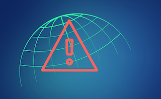 an illustration of half the globe shaped with grid lines. An overlapping illustration of a triangular hazard sign with an exclamation point.