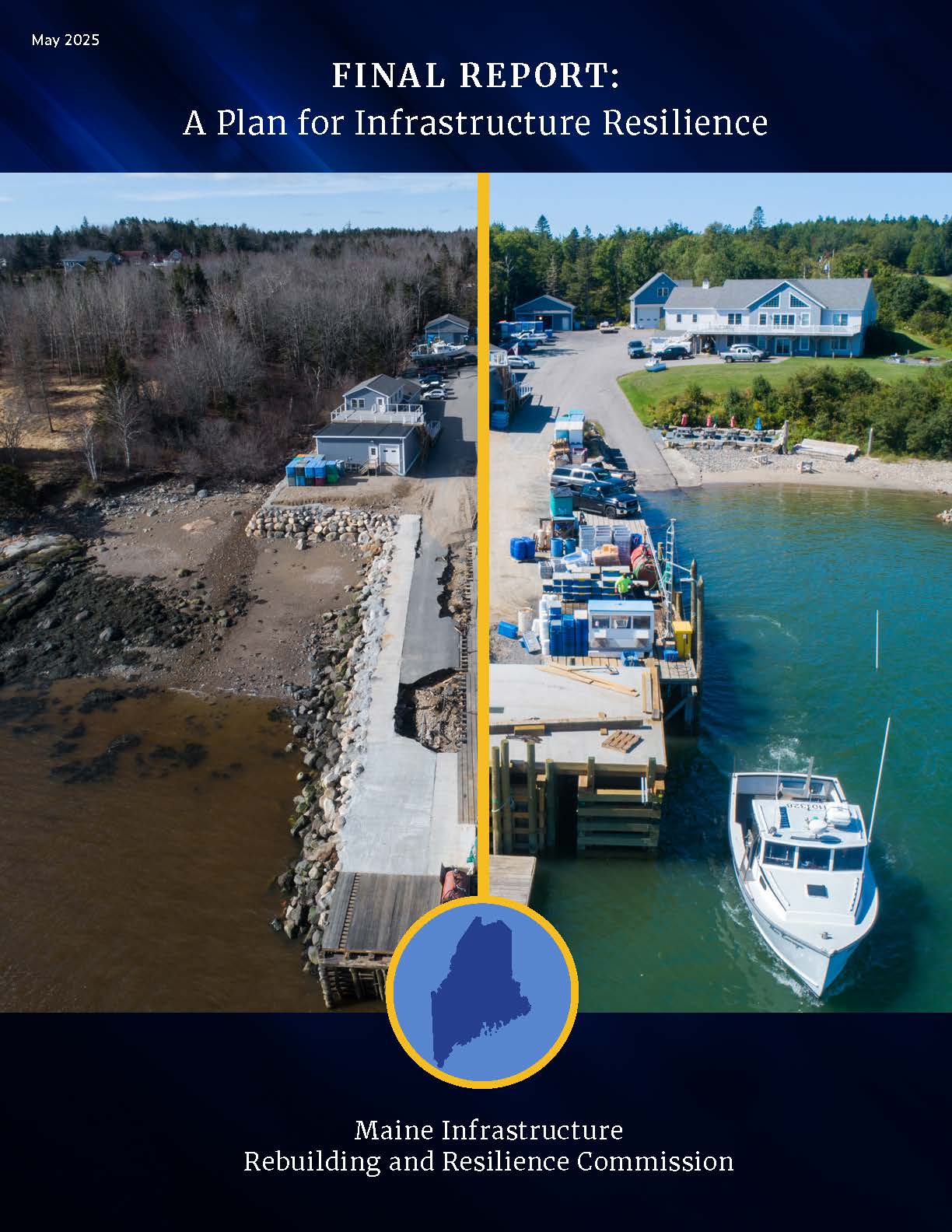 report cover showing a Maine wharf, before and after a flood event