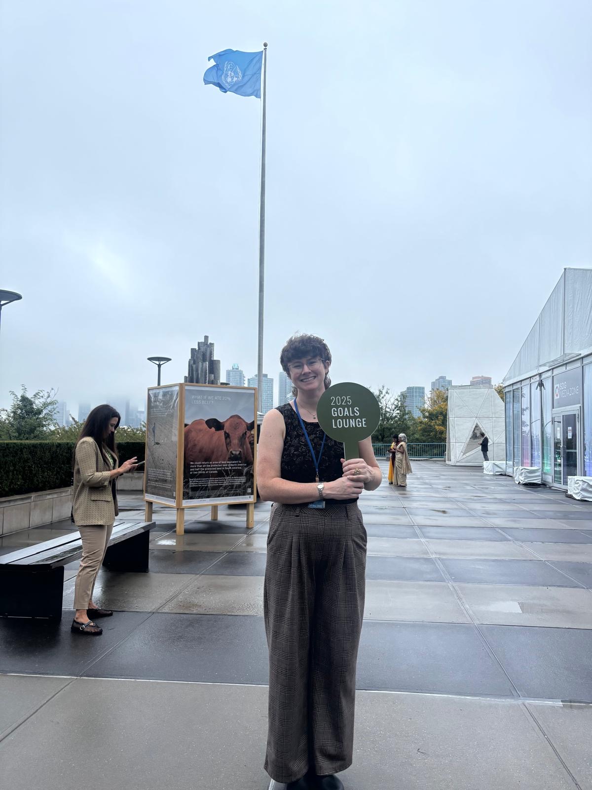 Carolyn Meyers (MPA '25) poses outside the United Nations Headquarters in New York. She is completing an internship with the UNICEF Social Policy Section this fall. 