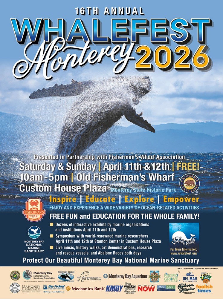 Whalefest Monterey 2026 flyer a humpback jumping from the water with a few dates and details 