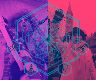 Two images side by side depicting protesters, with a zodiac illustration in the foreground. 