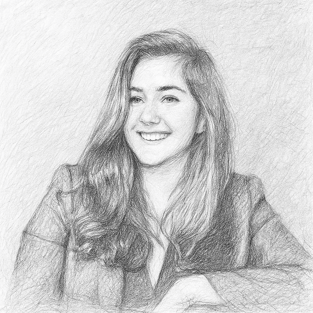 Pencil-drawn headshot of Katharine Petrich