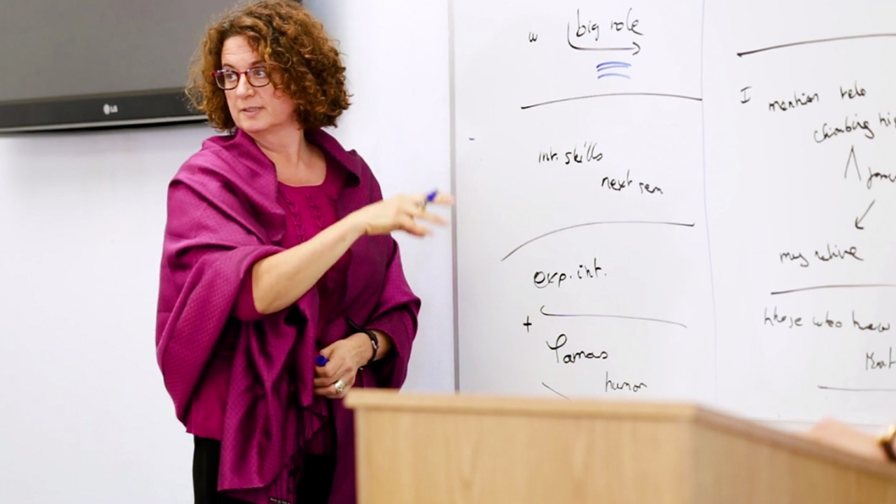The professor leads a class through an exercise.