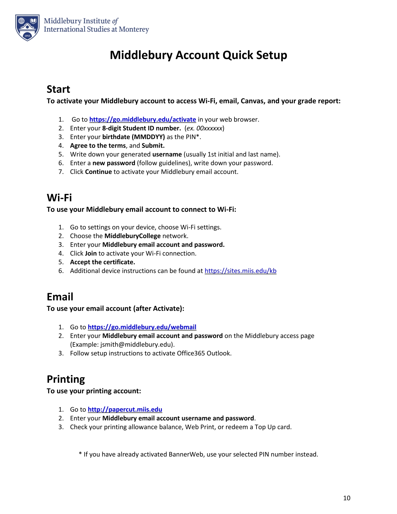 Middlebury Account Quick Setup
