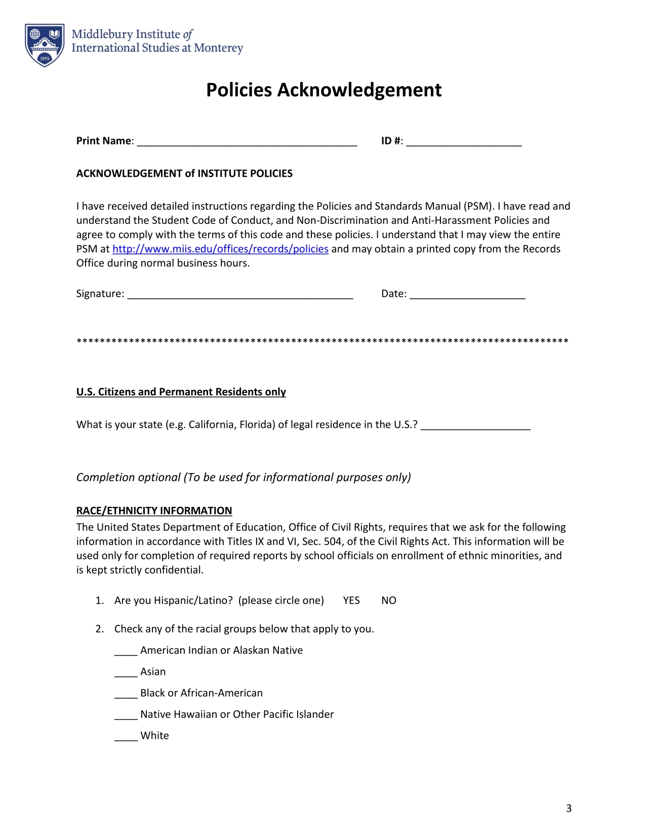 Policies Acknowledgement