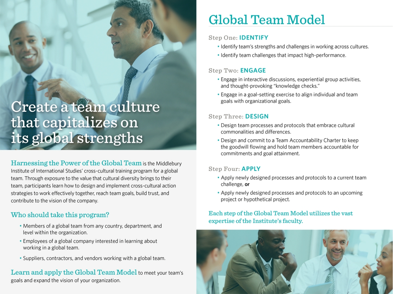 Custom Language Services brochure, explaining the audience and curriculum model for the cross-cultural training program, Harnessing the Power of the Global Team