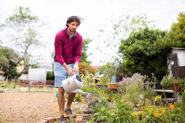A view of the MIIS Garden with IEP student watering a flowerbed.
