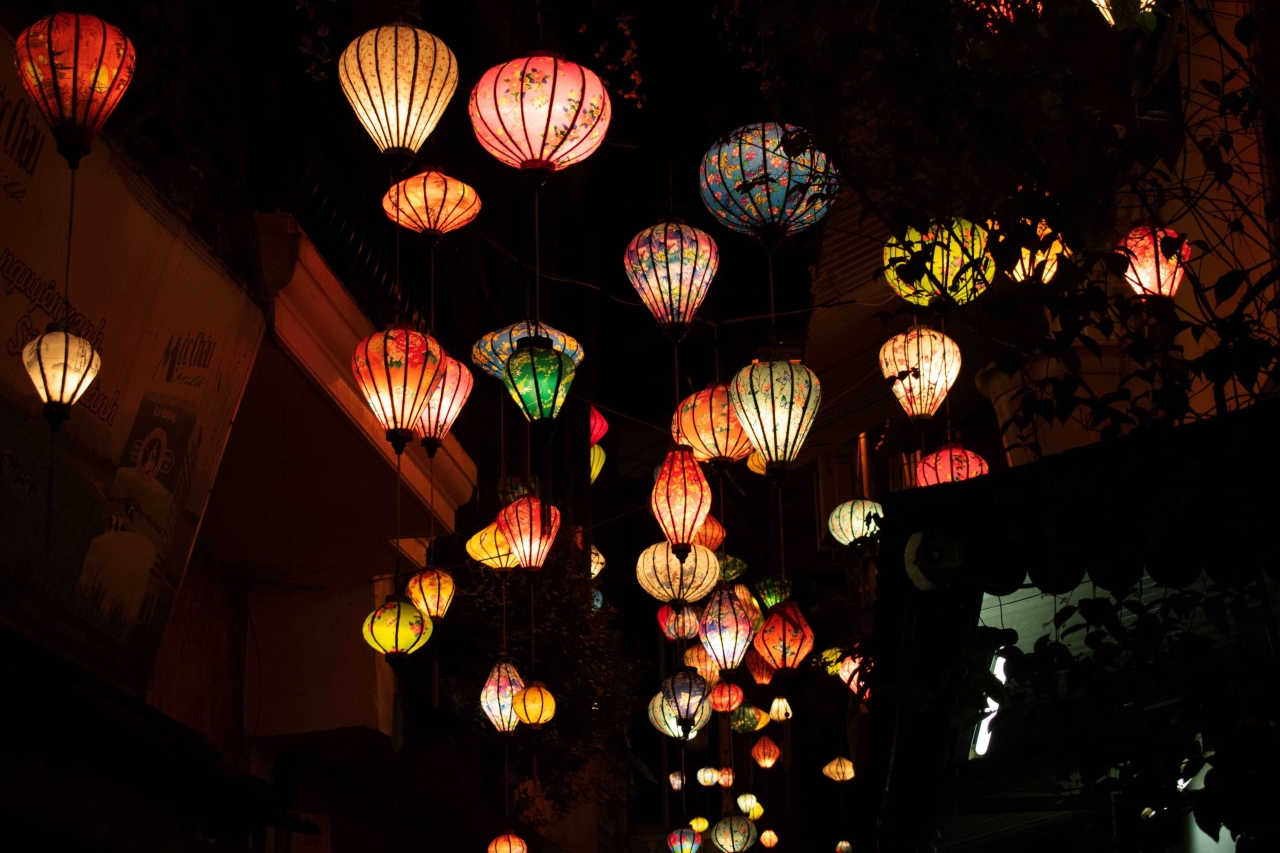 lit by lanterns