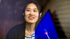 A student in one of our state-of-the-art translation booths.