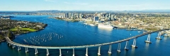 San Diego California, view of bridge, shoreline, skyscrapers