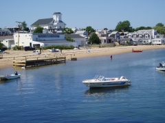 Cape Cod landscape showing shoreline, houses, boats