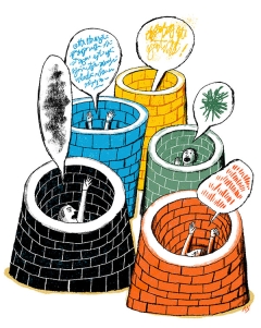 Illustration of people talking in silos