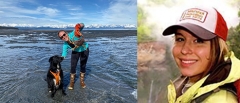 Photos of the two speakers, Sorina Stalla on the left standing in the shallow bay, holding a crab, with her dog and the Alaskan mountains behind, and Megan Hilgartner, a headshot