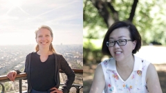 Two Middlebury Institute student sitting outside