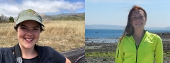 Ellie Oliver, on left, smiling, ball cap on, camera around her neck, beautiful grasslands and sky behind; Rainey Graeven on right, smiling, long red hair windblown, neon yellow windbreaker, against green seagrass and blue ocean and sky behind