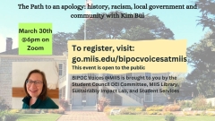 Poster advertising event for March 30th on history, racism, local government and community