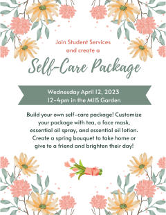 A flyer with flowers advertising the Self-Care Flyer Event 