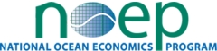 National Ocean Economics Program logo--green and blue letters, the O is like an ocean with a wave