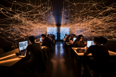 Students working on computers with illuminated network above them.png