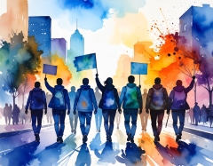 Watercolor illustration of protesters on city street