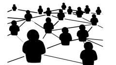 A black and white illustration of bodies connected by lines.