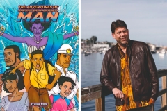the cover of the graphic novel on left, and author Nick Tomb leaning against rail at wharf on right