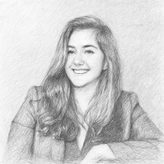 Pencil-drawn headshot of Katharine Petrich