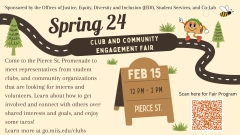 Beige background with a dark brown road through it. Information about the club fair text on the flyer.