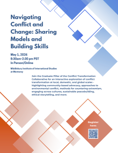 Navigating Conflict and Change: Sharing Models and Building Skills. May 1, 2026 from 8:30am-2:30pm PST, in person and online.