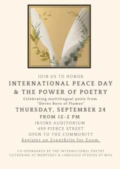 Image of wings of a dove and olive branches with an invitation to the event open to the community at large.  The hybrid event will be held 12-2pm in Irvine Auditorium and online on Zoom.