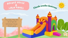 Colorful bouncy castle in the lower right stretching across the bottom of the poster on a sky blue background