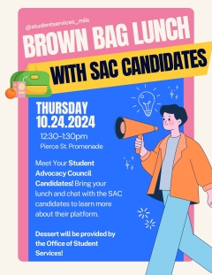 Brown bag lunch with SAC candidates. Carton image of a man holding a blow horn.