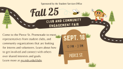Come to the Pierce Street Promenade to meet representatives from student clubs, and community organizations that are looking for interns and volunteers. Learn about how to get involved and connect with others over shared interests and goals. Learn more at go.miis.edu/clubs