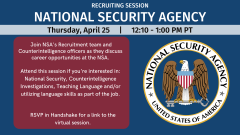 Dark blue background with white lettering and the National Security Agency seal.
