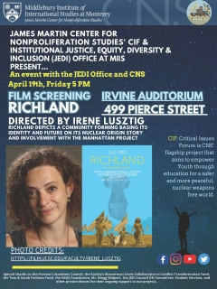 Blue flyer announcing the film screening of Richland along with a headshot of director Irene Lusztig.