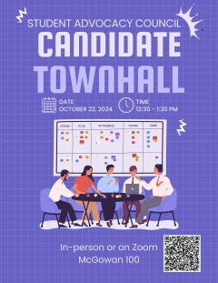 Purple background with cartoon boardroom meeting advertising the Student Advocacy Council Candidate Town Hall.