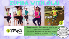 Colorful flyer advertising Zumba with Ola on Thursdays at 5pm in the Holland Center