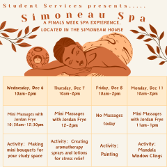 Simoneau Spa: a finals week spa experience, located in the Simoneau House. Picture of a woman relaxing.