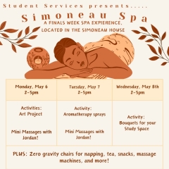 Calendar of spa events for the a finals week spa experience. Carton image of a woman relaxing.