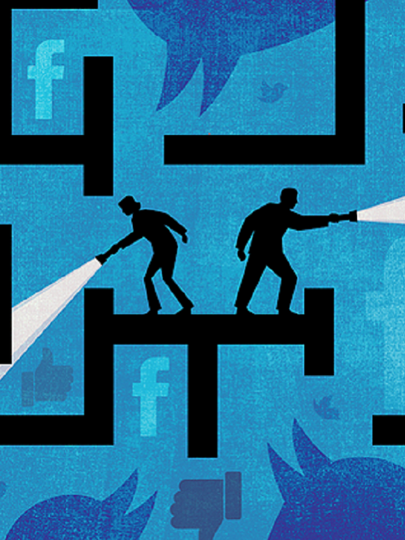 Illustration: two silhouettes with torches, social media icons in the background