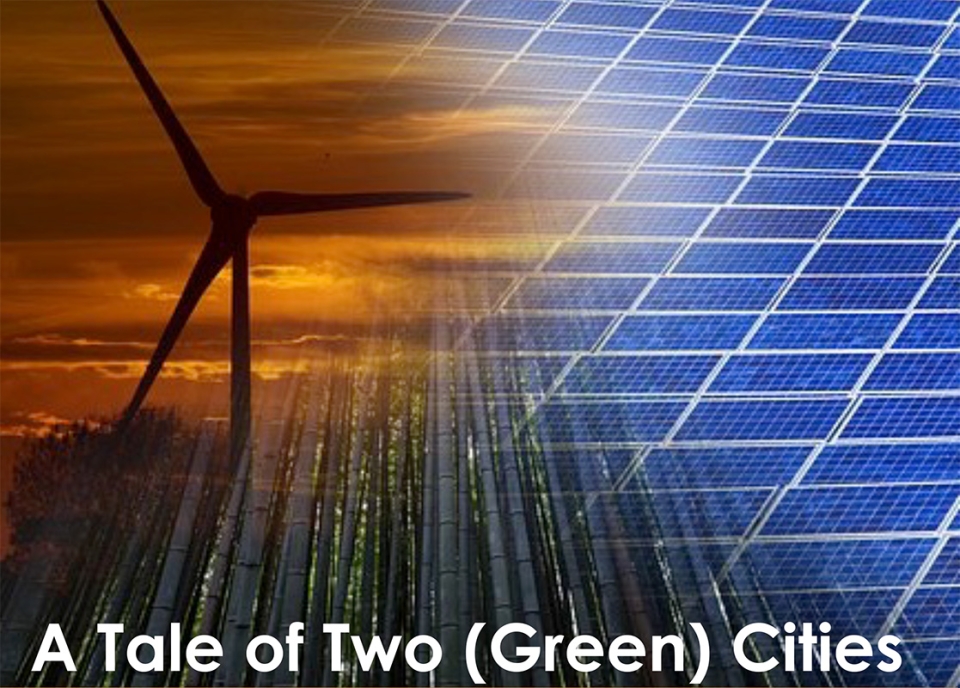 A Tale of Two (Green) Cities image of wind turbine and solar panels