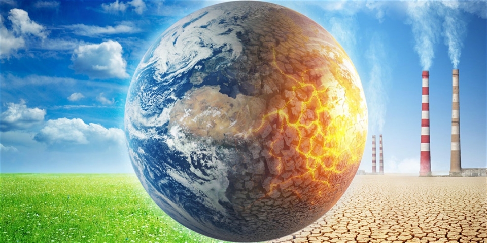 A green earth on one side, industrial stacks and hot earth on the other side