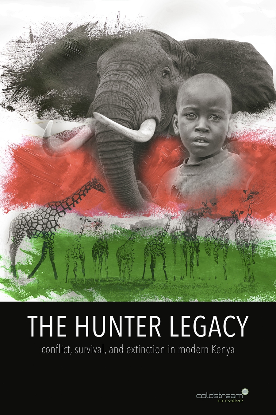 Film poster showing White Red Green horizontal areas with an image of an elephant, a young boy, giraffe and animals--the bottom is black with title of the film.