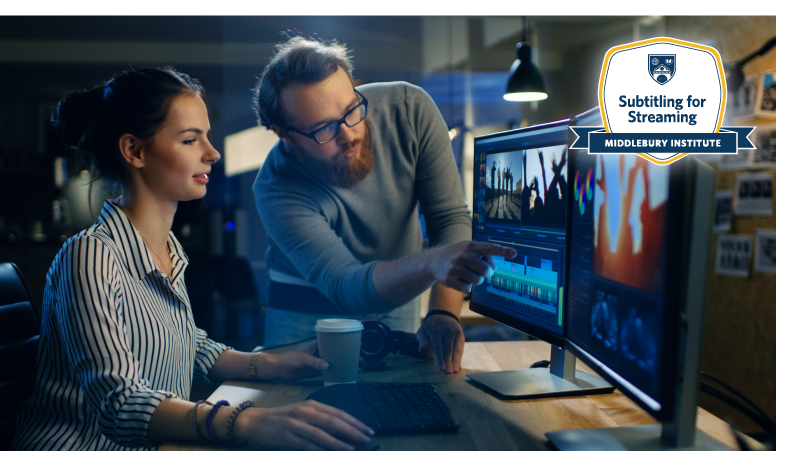 Two people looking at screens showing video editing software. Subtitling for Streaming badge overlay.