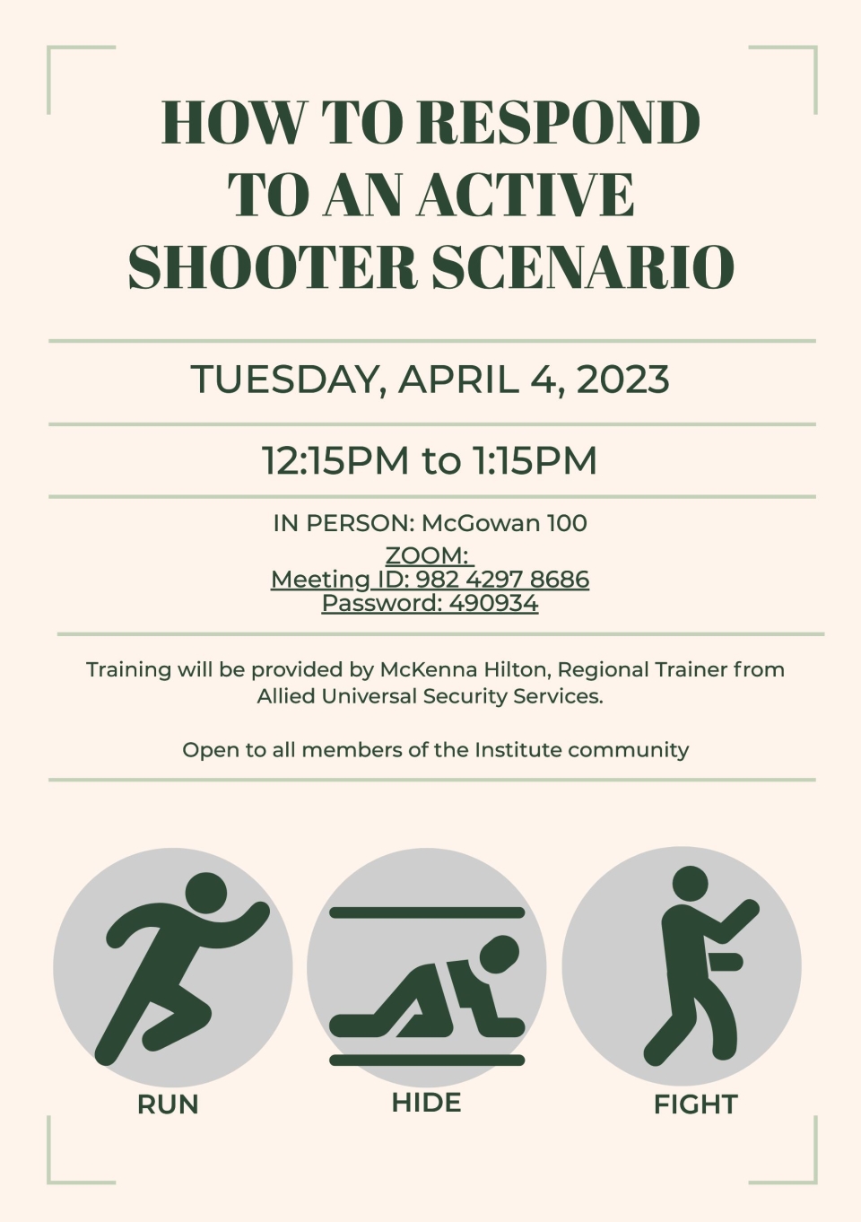Poster about info session on how to respond to an active shooter scenario.