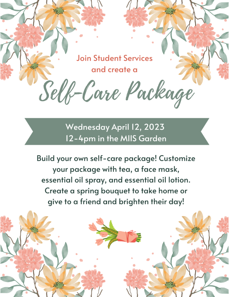 A flyer with flowers advertising the Self-Care Flyer Event