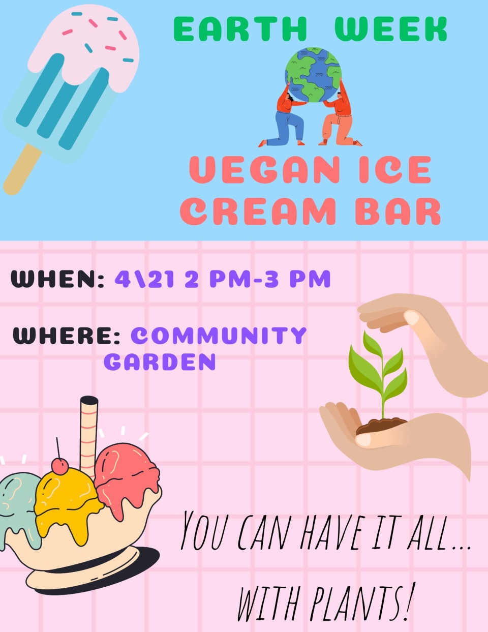 Blue and pink poster with drawings of ice cream and plants
