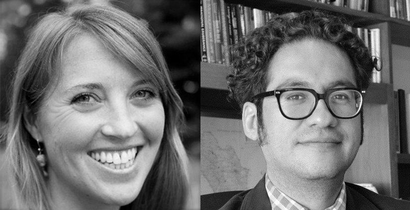 Smiling and smart looking Erica Cunningham, in black and white, headshot; to left is headshot of Jose Luis Chicoma, also black and white photo, he has dark curly hair, glasses, and a slight smile.