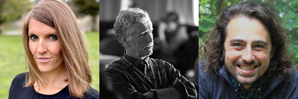 Athena in color, Dr. Brendan Kelly, in profile in a black and white photo, arms crossed and looking like he is actively listening and thinking, pensive and thoughtful, with white hair, white mustache, Alex in color