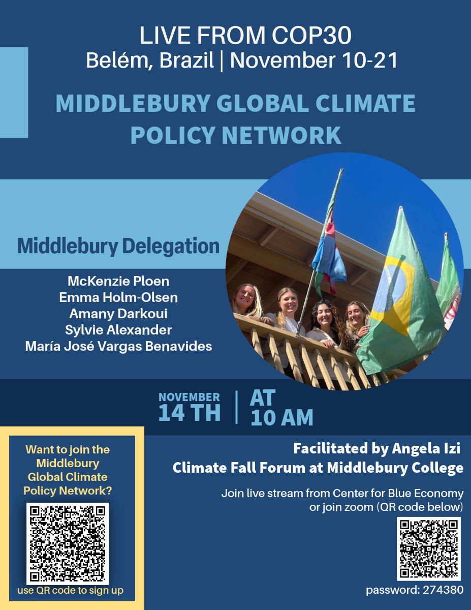 poster about a livestream event with the students and alumni at COP30